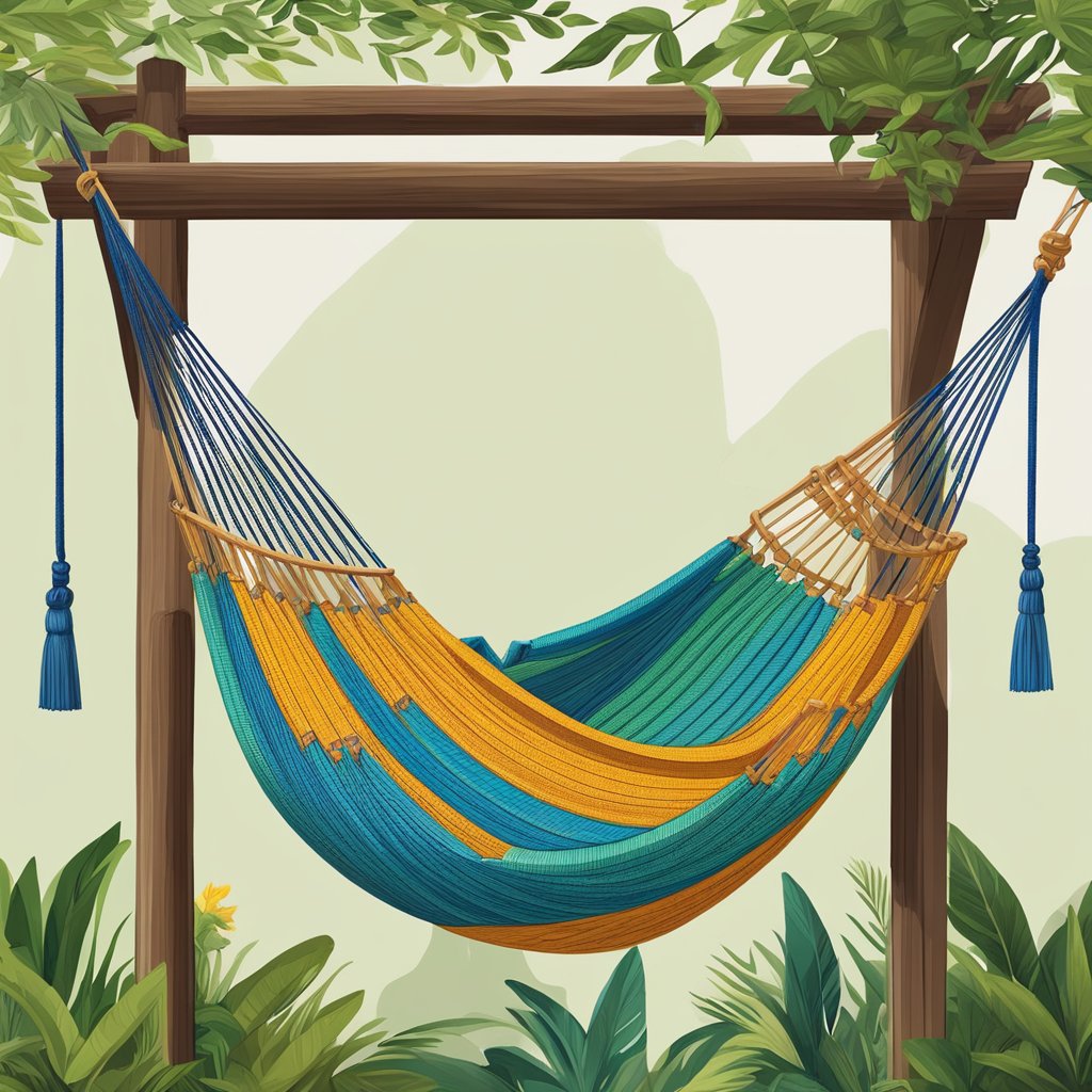 A sturdy wooden frame supports a colorful, intricately woven Vietnamese hammock, showcasing the craftsmanship and quality materials used in its creation