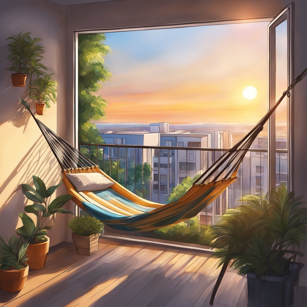A hammock hangs on a small apartment balcony, swaying gently in the breeze. The sun sets in the background, casting a warm glow over the scene