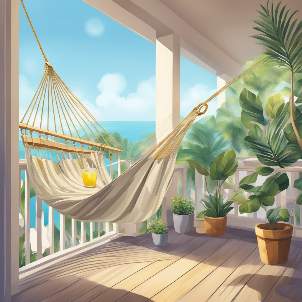 A hammock is suspended on an apartment balcony, gently swaying in the breeze, with a book and a glass of lemonade resting on the nearby table
