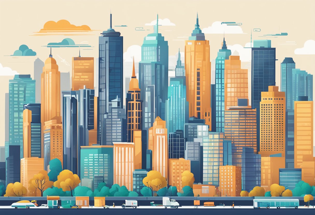 A cityscape with prominent buildings and digital marketing logos displayed prominently