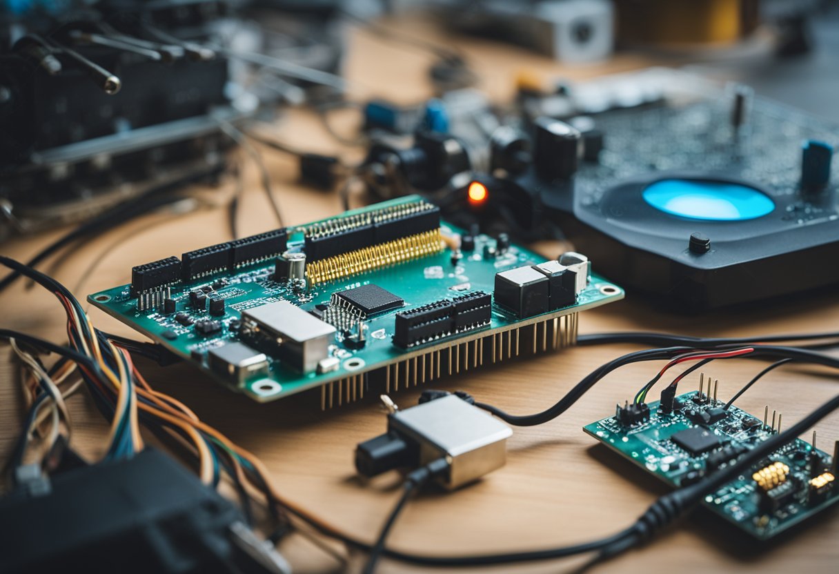 An Arduino board connected to a computer, with wires and components scattered on a workbench. A soldering iron and a breadboard are also visible