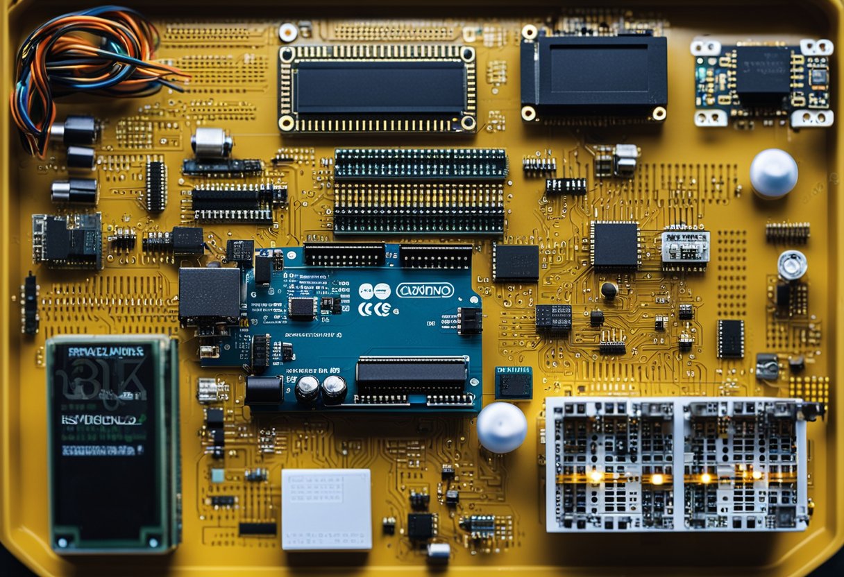 An Arduino board connected to various electronic components, including LEDs, sensors, and a small motor, arranged on a workbench with a laptop displaying coding software