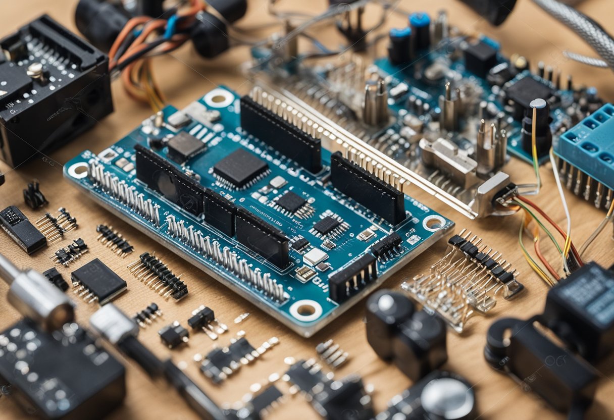 A workbench with Arduino board, breadboard, jumper wires, and electronic components like resistors and LEDs laid out for a simple project