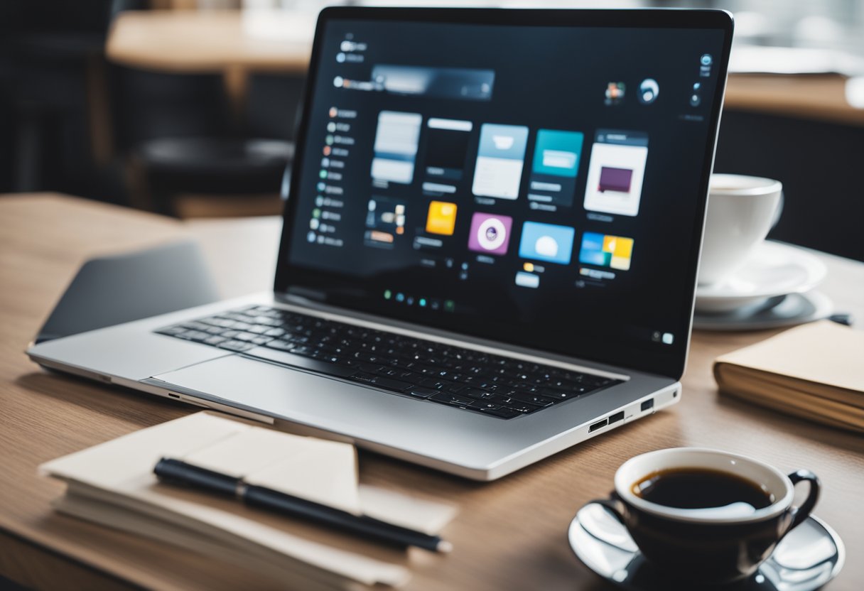 A laptop open on a desk, surrounded by notebooks and pens. A cup of coffee sits next to the laptop, with a stack of books in the background