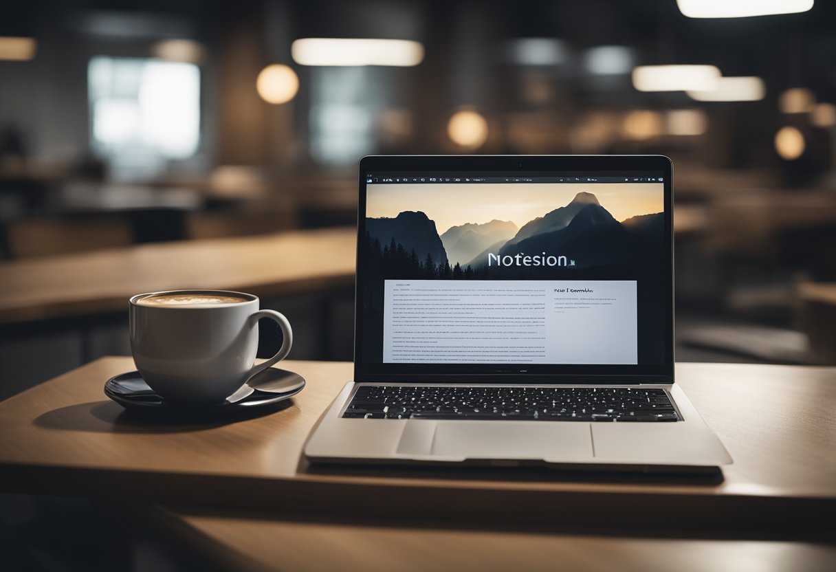 A laptop open on a desk with a stack of books, a cup of coffee, and a notepad. A digital pen hovers over the screen, ready to create an engaging e-book