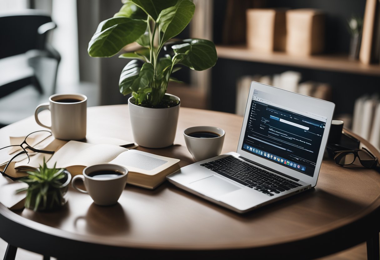 A desk with a laptop, notebook, and pen. A stack of books on the side. A cup of coffee and potted plant add to the cozy workspace