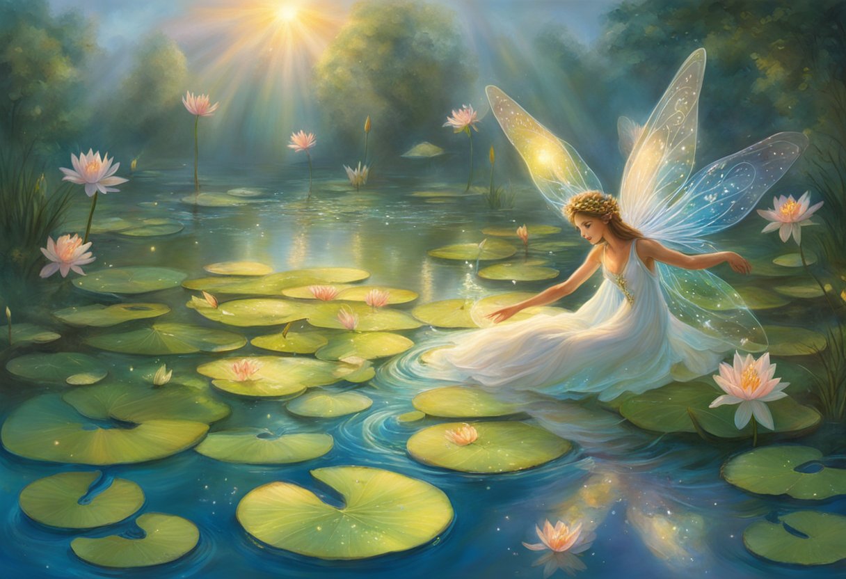 Glistening water fairies dance among lily pads, their translucent wings shimmering in the sunlight as they playfully splash in the sparkling pond