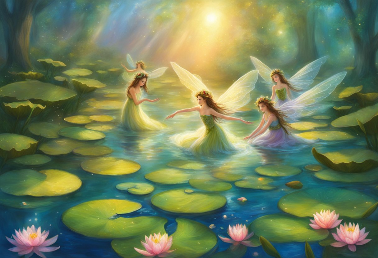 Water fairies emerge from the tranquil depths of a shimmering pond, their gossamer wings glinting in the sunlight as they dance among the lily pads and water lilies