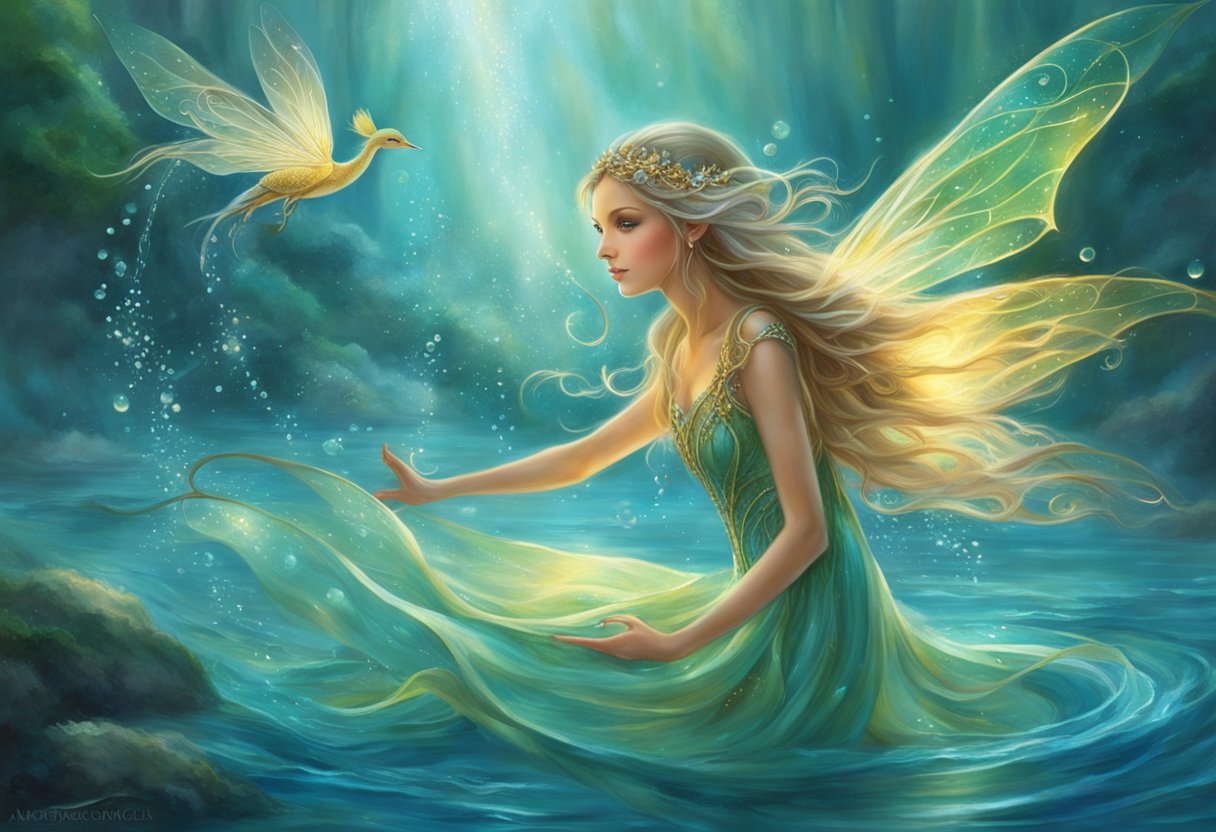Water fairies with shimmering wings and flowing hair control the tides and summon gentle rain. They are ethereal and graceful, with translucent skin and iridescent scales
