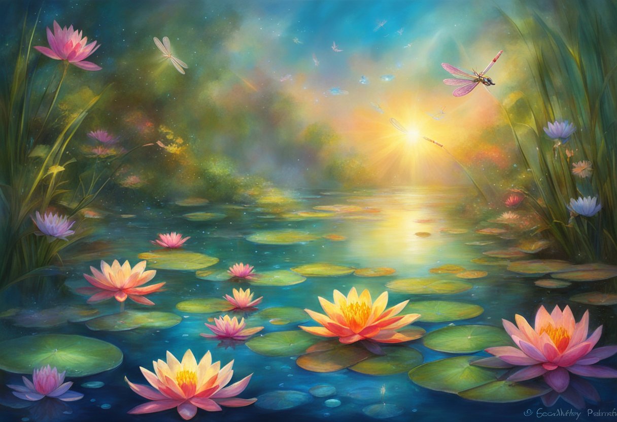 A serene pond surrounded by colorful water lilies and shimmering dragonflies, with delicate water fairies dancing among the reeds and sparkling droplets in the air