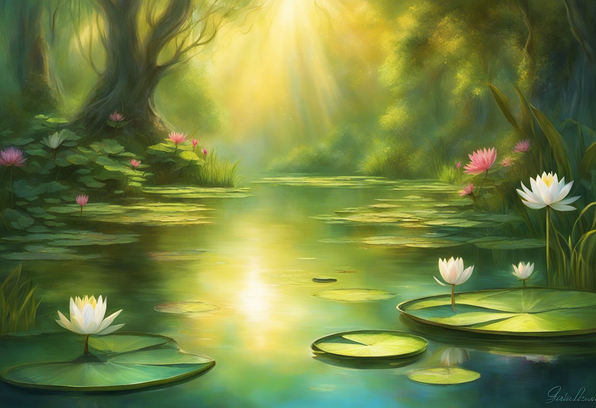 A serene pond surrounded by lush greenery, with delicate water lilies floating on the surface. Ethereal water fairies dance among the reeds, their shimmering wings reflecting the sunlight