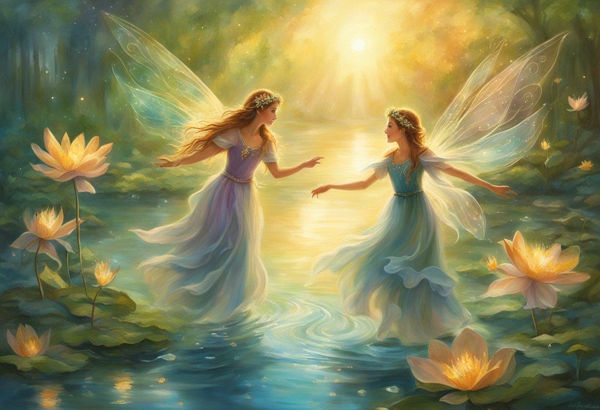 Water fairies playfully splash in a sparkling pond, their laughter echoing through the air as they interact with each other
