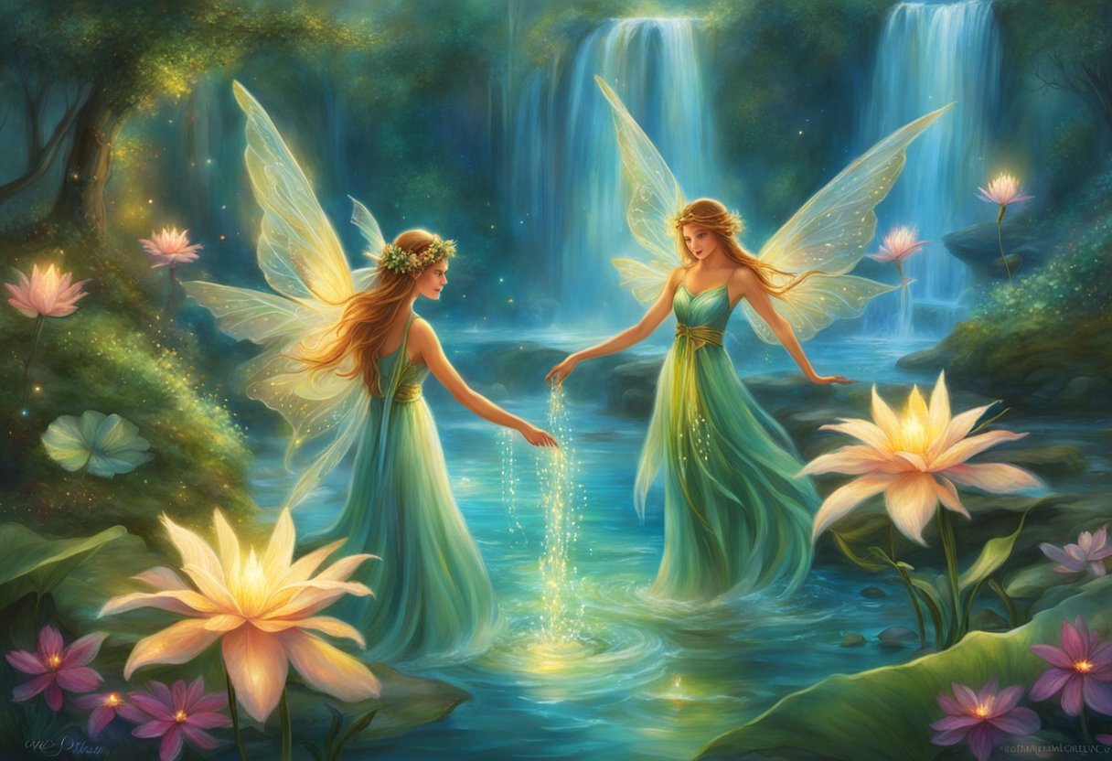 Water fairies gather for a festive ceremony, surrounded by sparkling waterfalls and colorful aquatic plants. Their delicate wings shimmer in the sunlight as they dance and celebrate