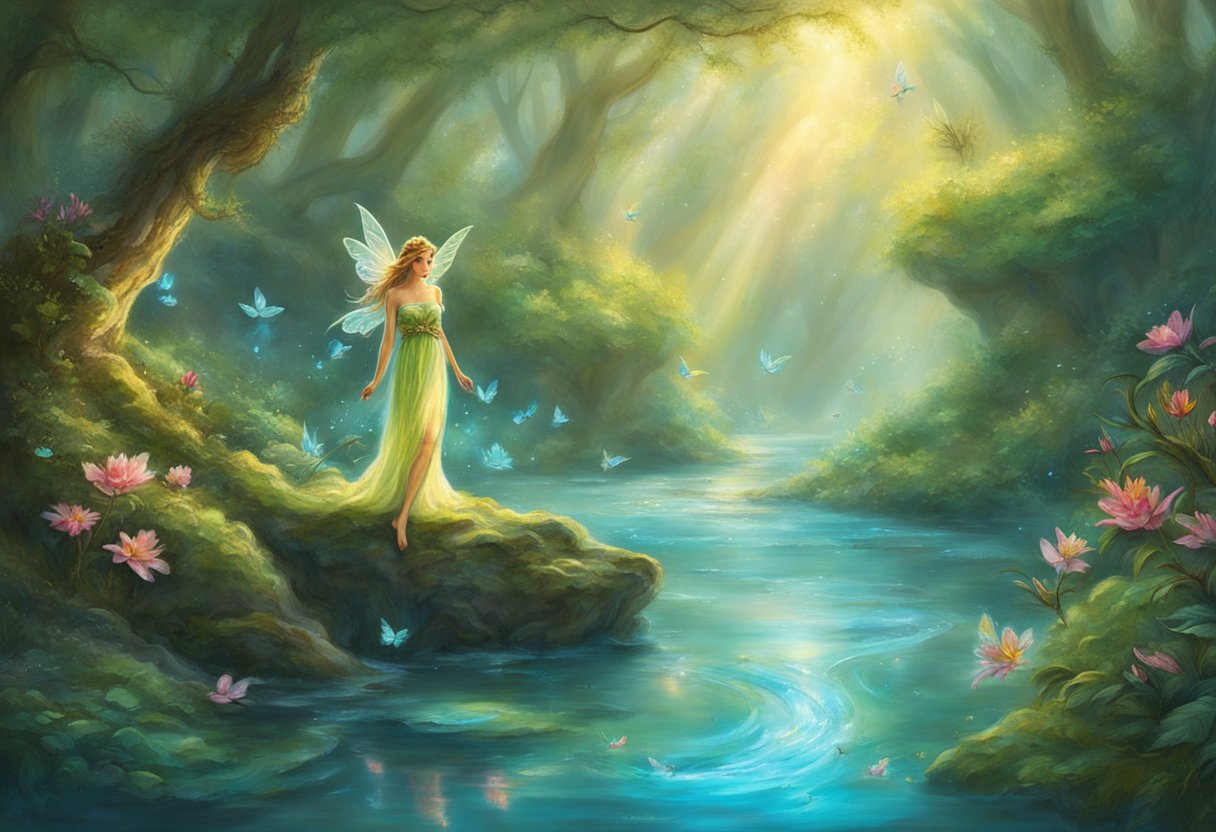 Water fairies gather around a pristine stream, protecting and cherishing its crystal-clear waters