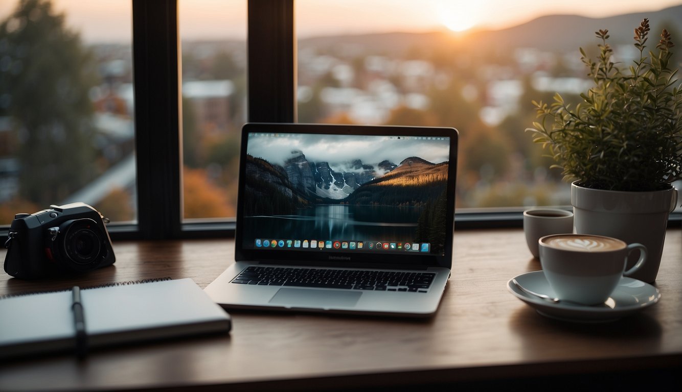 A laptop on a clutter-free desk with a notebook, pen, and coffee mug. A window lets in natural light, creating a cozy writing space