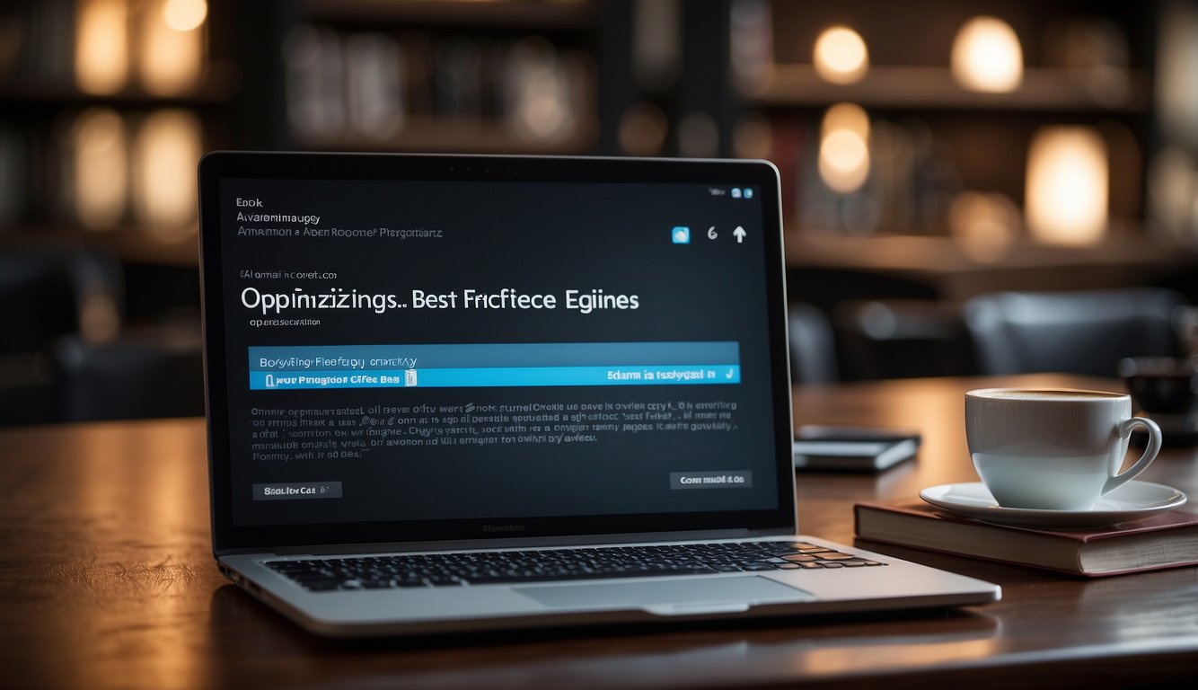 A laptop with a glowing screen displaying "Optimizing for Search Engines Blog Writing Best Practices" surrounded by open books and a cup of coffee