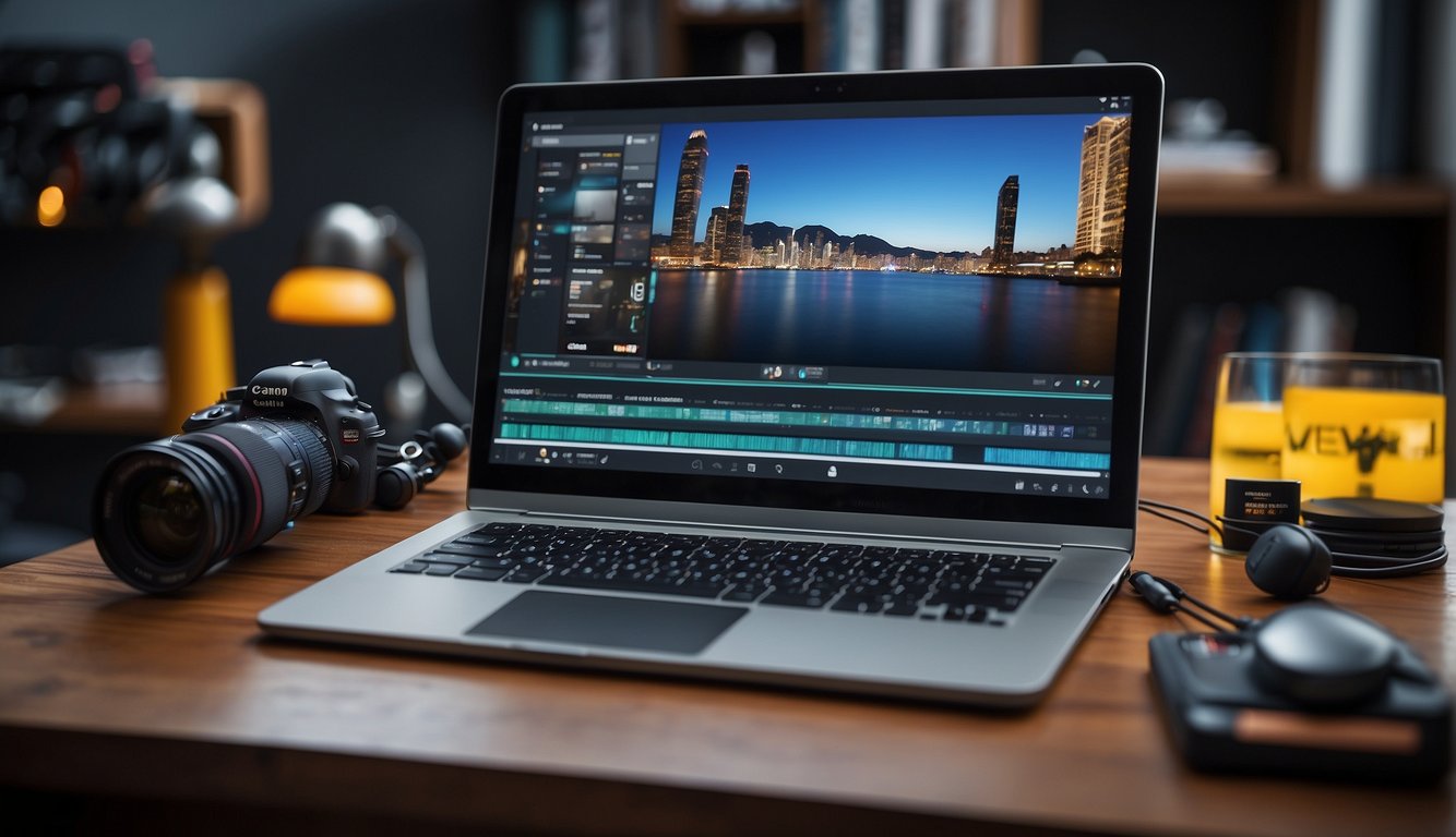 A laptop surrounded by colorful graphics and text, with a stylus and tablet nearby. A camera and microphone for recording multimedia content