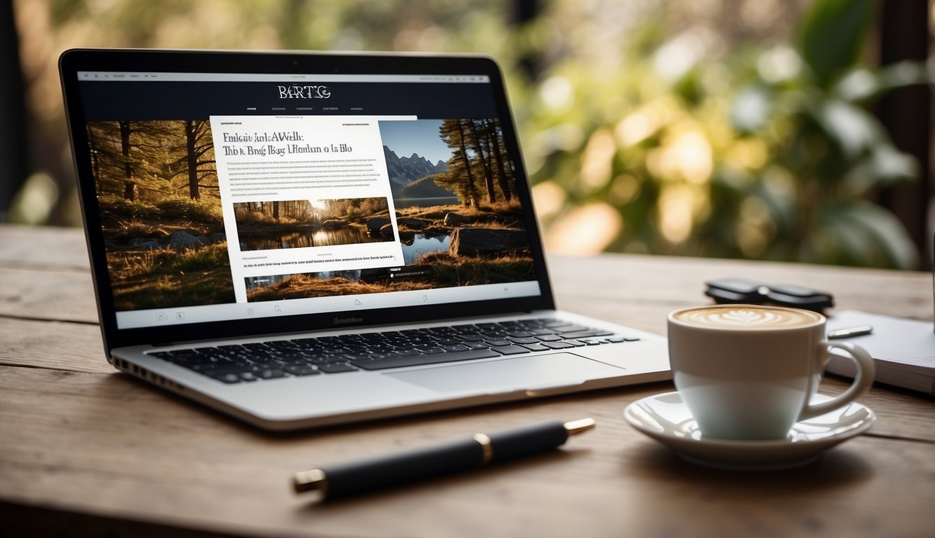 A laptop displaying a well-written blog post with engaging visuals, surrounded by a notebook, pen, and coffee cup