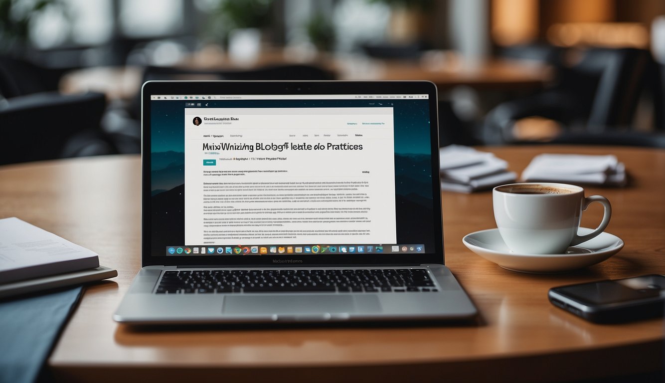 A laptop surrounded by open books and a notepad, with a cup of coffee nearby. The laptop screen shows a blog post titled "Maximizing Blog Impact: Blog Writing Best Practices."