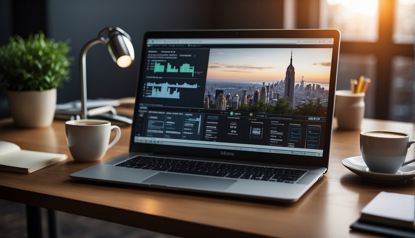 A computer screen with a blog post on traffic monitoring and increasing, surrounded by notebooks, pens, and a cup of coffee