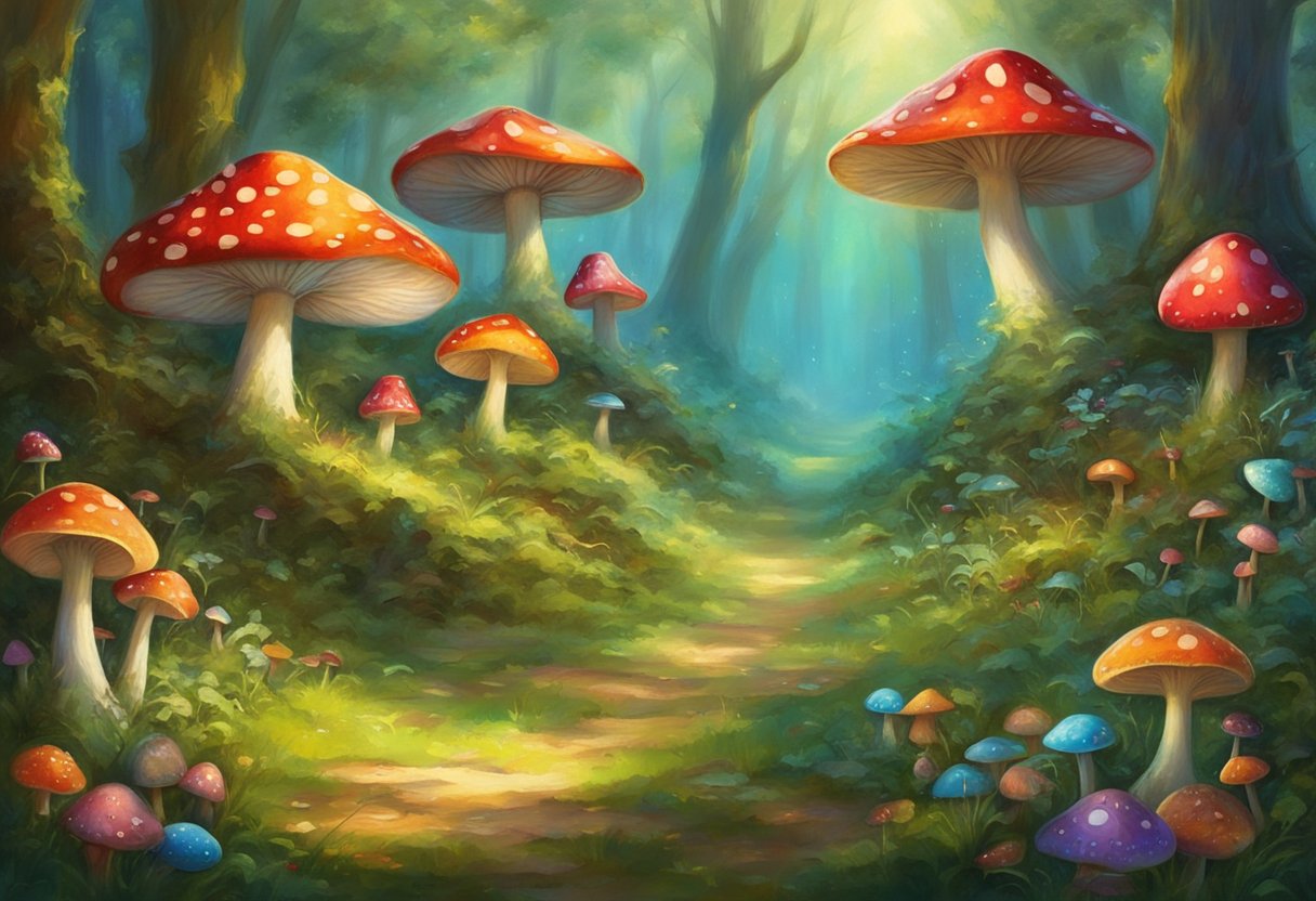 A serene forest glade, dappled with sunlight, where tiny mushroom fairies flit and dance among the colorful toadstools