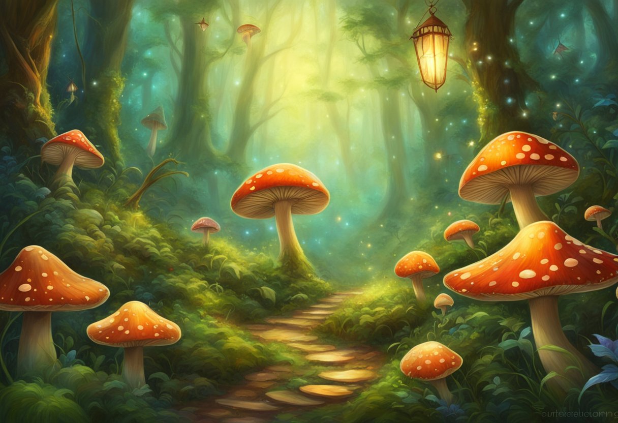 A lush forest floor with vibrant mushrooms of all shapes and sizes, surrounded by twinkling fireflies and delicate spiderwebs