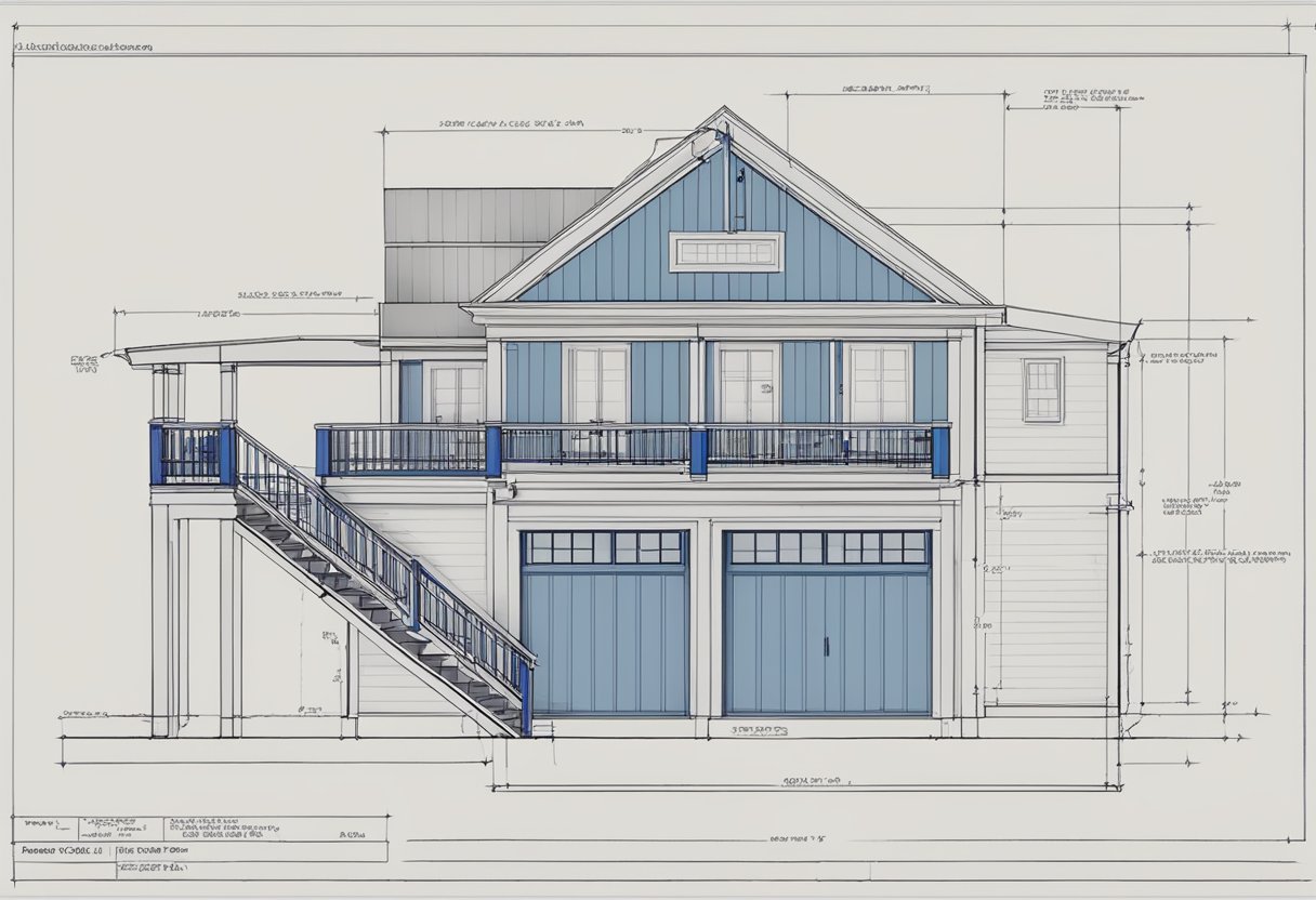 A blueprint of a garage with a second-story addition, showing structural support, stair access, and potential living space