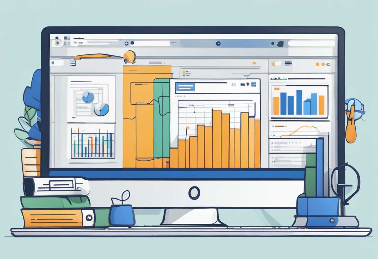 A computer screen with the Ahrefs logo displayed, surrounded by open tabs showing website analytics and keyword research tools