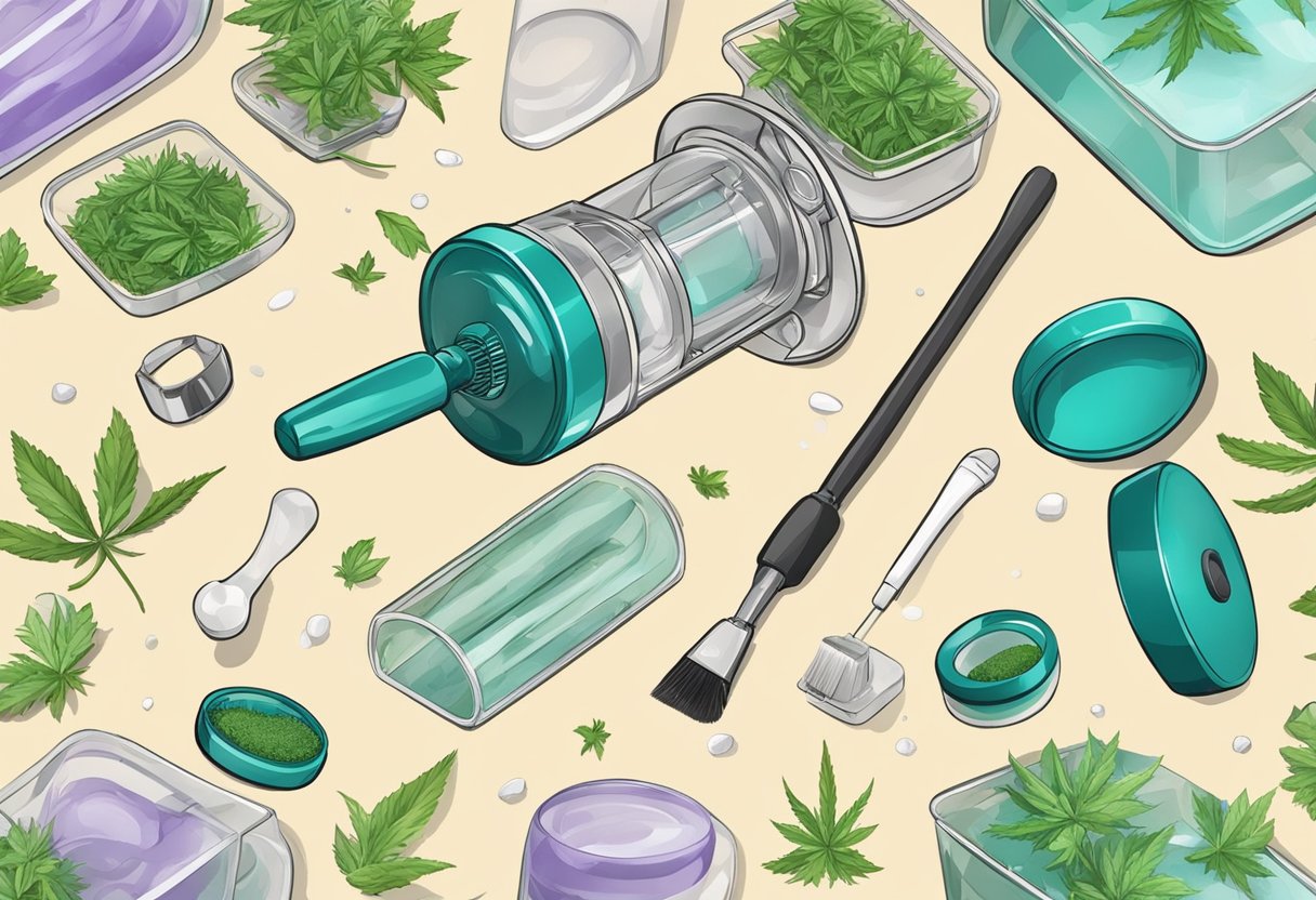 A weed grinder sits on a clean surface. A brush removes leftover residue. Soap and water clean each piece thoroughly. They air dry before reassembly