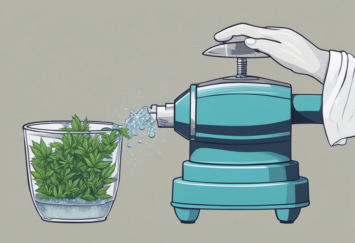 A hand reaches for a dirty weed grinder, rinses it under running water, and then dries it with a clean towel