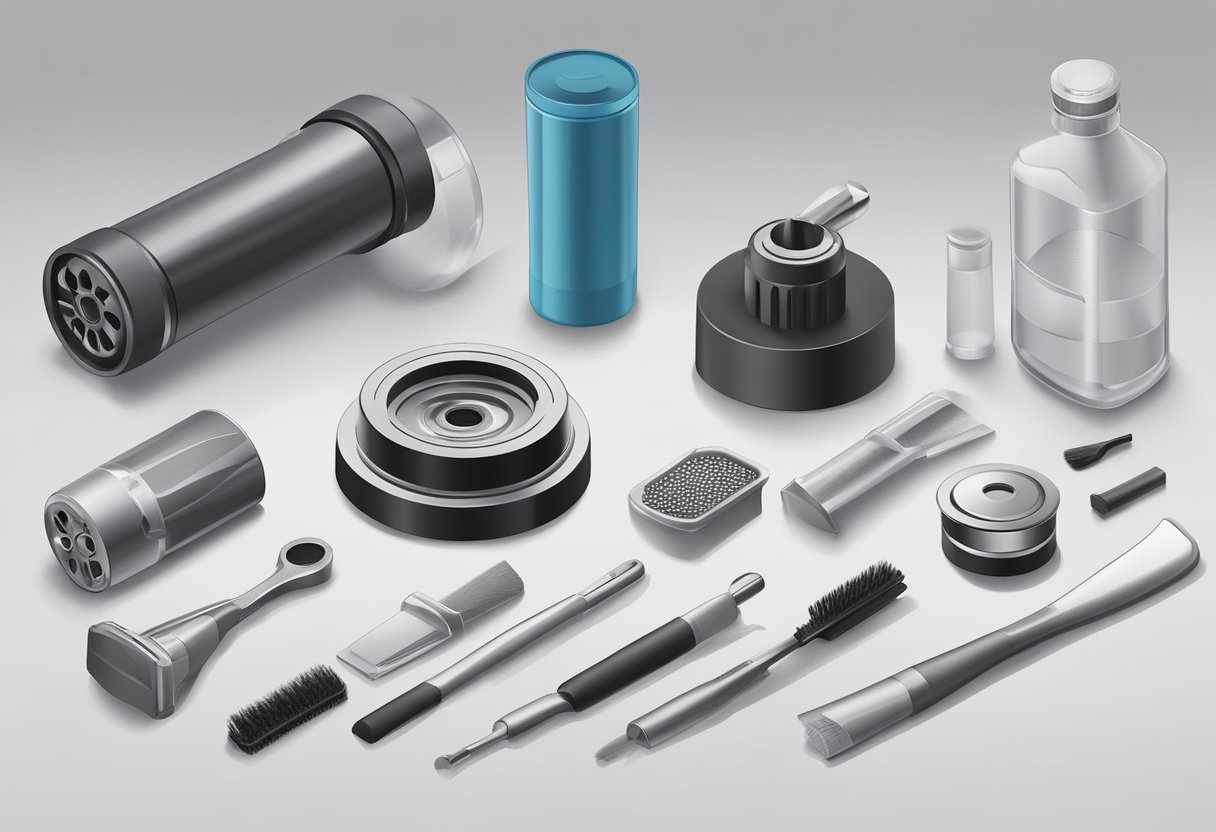 The disassembled grinder parts are laid out on a clean surface, with a brush and cleaning solution nearby