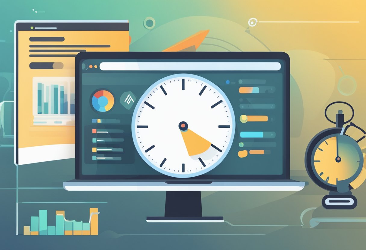A website loading speed optimization scene: A computer screen showing a website loading quickly, with a progress bar filling up and a stopwatch displaying a fast time