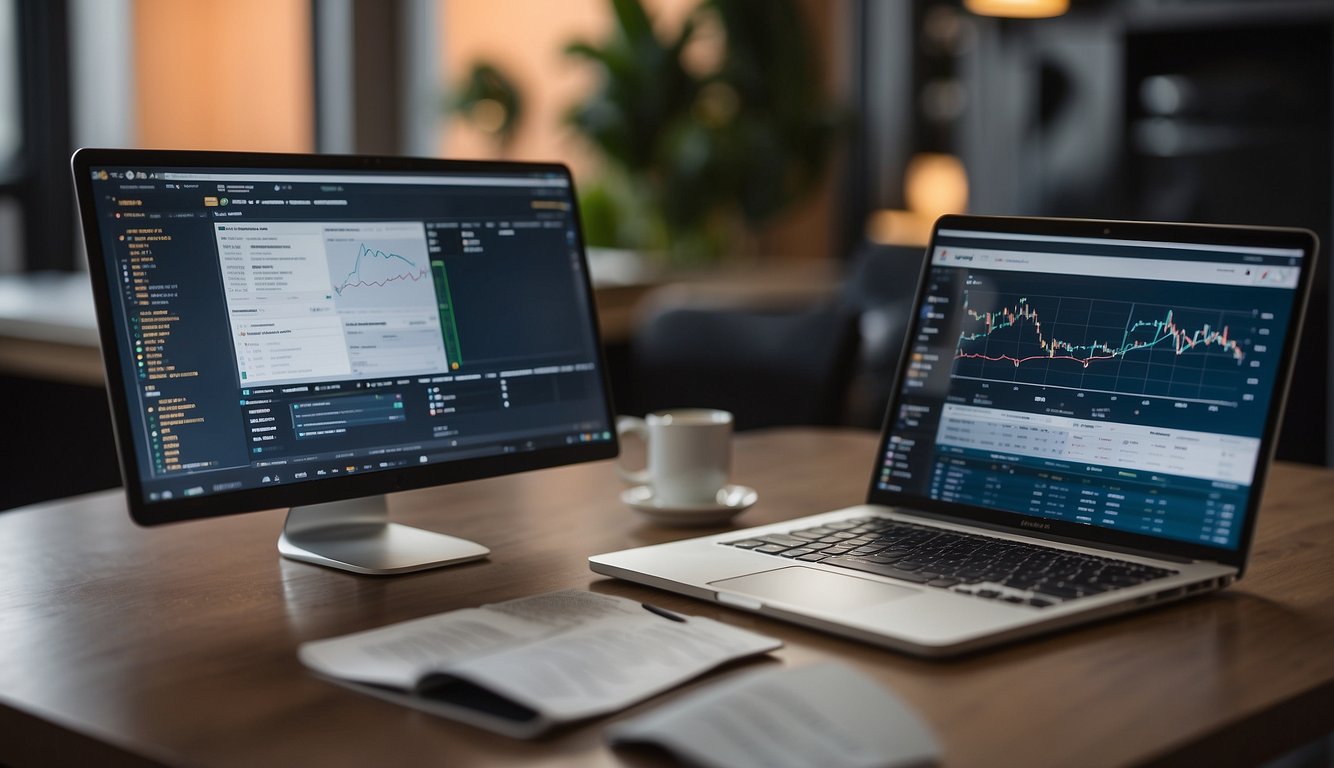 A person comparing various affiliate marketing programs online, with charts and graphs displayed on a computer screen