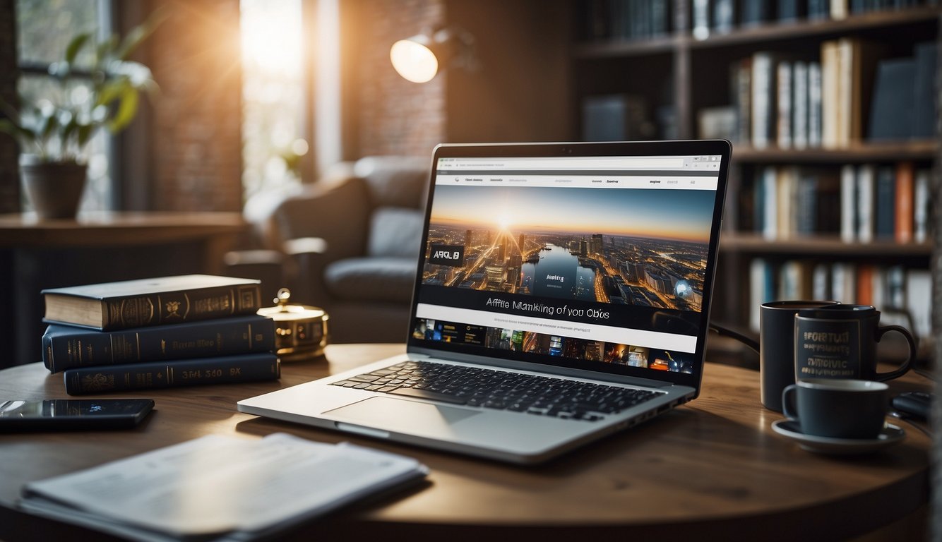 A computer with various affiliate marketing program options displayed on the screen, surrounded by books and resources on the topic