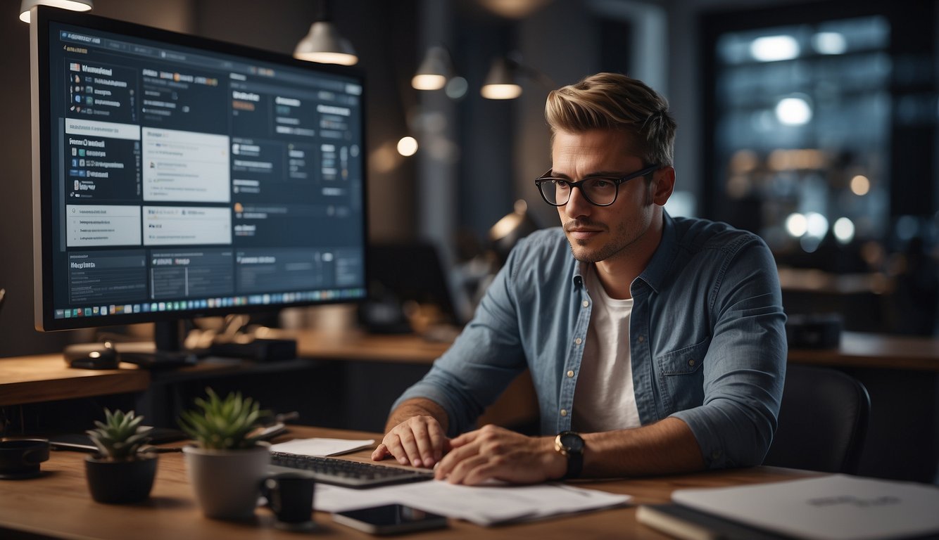 A person sits at a desk, surrounded by various affiliate marketing program options. They are comparing features and benefits, with a thoughtful expression on their face