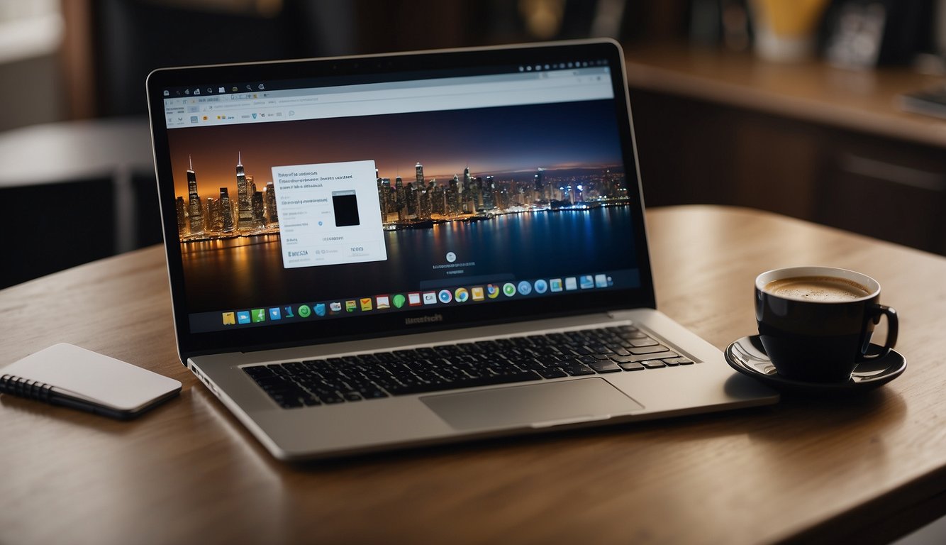 A laptop sits open on a cluttered desk, a blank document on the screen. A notebook and pen are nearby, ready for brainstorming. A cup of coffee steams in the background