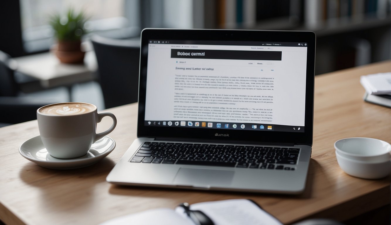 A laptop sits open on a desk, with a blank document ready for typing. A book on blogging sits nearby, along with a cup of coffee