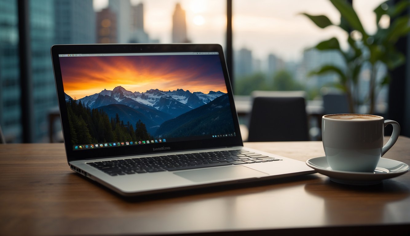A laptop sits open on a desk, with a blank screen and a keyboard ready for typing. A cup of coffee and a notebook with a pen are nearby, waiting for inspiration