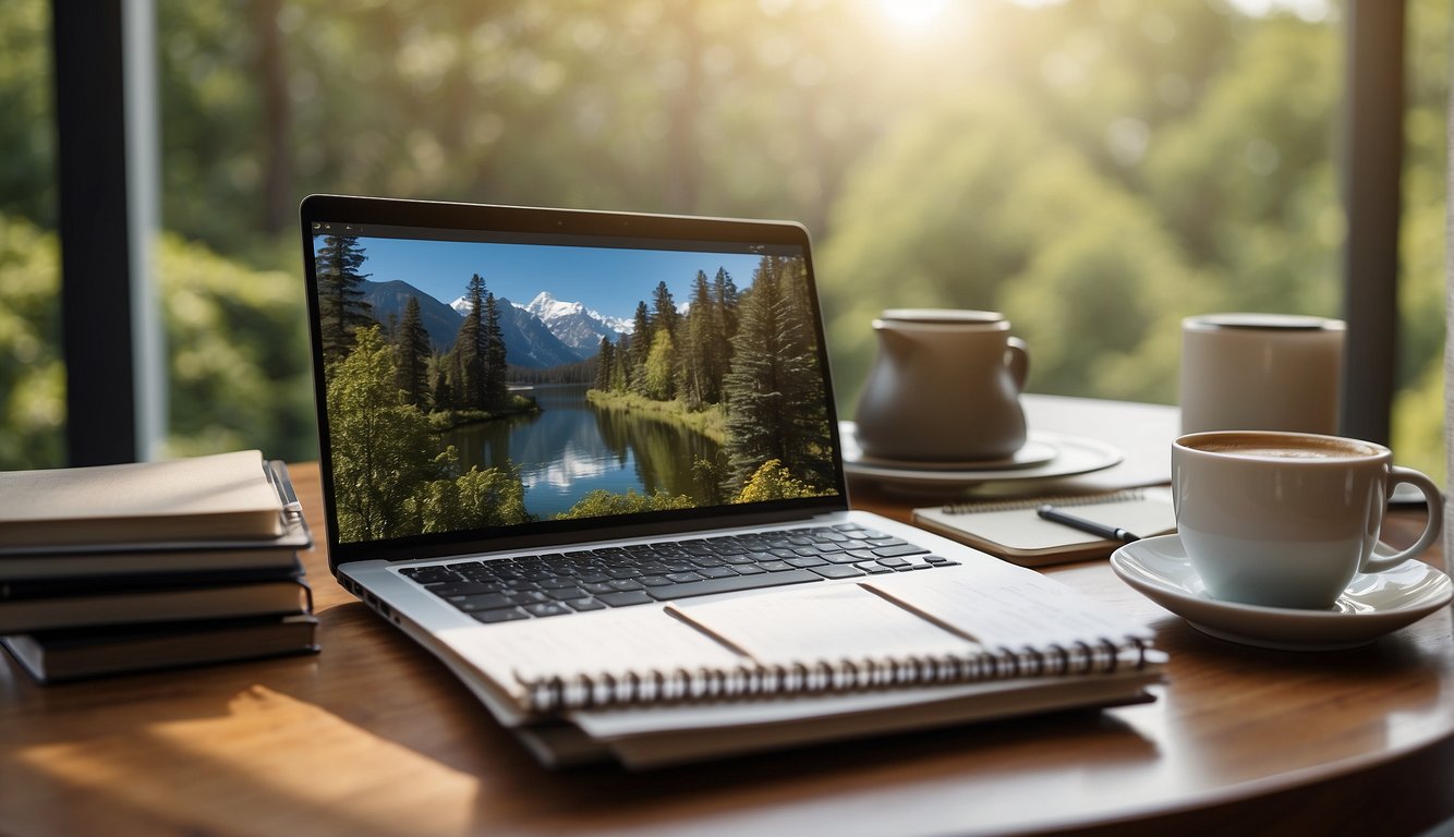 A laptop on a desk with a notepad, pen, and coffee mug. A stack of books on blogging and monetization strategies. A bright window with a view of nature