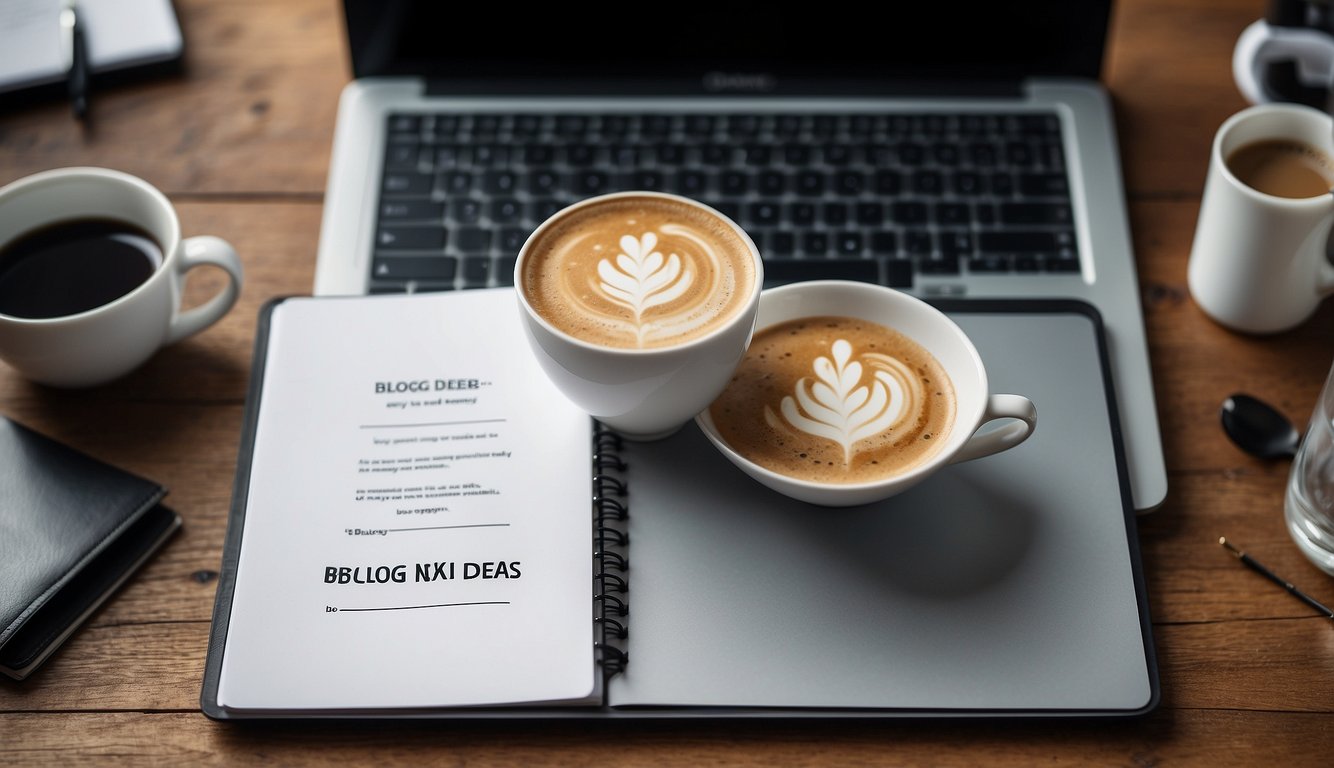 A laptop open on a desk, with a blank document and a cup of coffee. A notebook with "Blog Ideas" written on the cover sits nearby