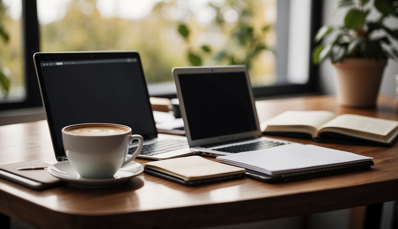 A laptop open on a desk with a blank document, surrounded by notebooks, pens, and a cup of coffee. A "Frequently Asked Questions: How to start writing your own blog" webpage is displayed on the screen