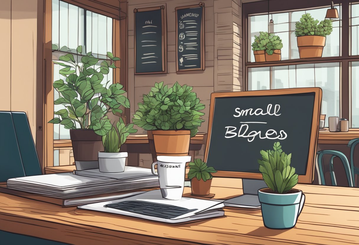 A cozy coffee shop with a chalkboard menu, potted plants, and a laptop on a wooden table. A sign reads "Small Business Blog" above a stack of business books