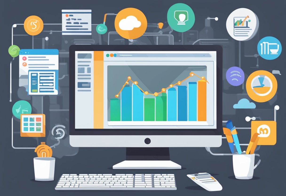 A computer screen displays a small business blog with engaging content. A traffic graph shows a steady increase in visitors. Social media icons are visible, indicating successful promotion