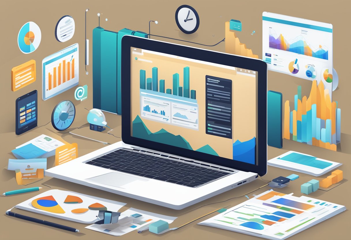 A laptop with "Owning Your Traffic Channels" blog open, surrounded by marketing materials and analytics charts