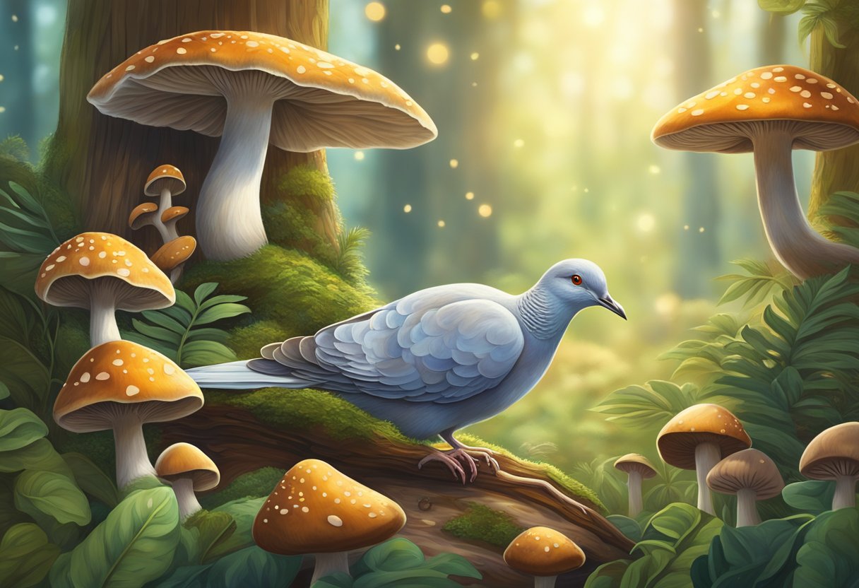 A serene dove sips mushroom coffee in a peaceful forest clearing, surrounded by vibrant mushrooms and lush greenery. Sunlight filters through the trees, casting a warm glow on the scene