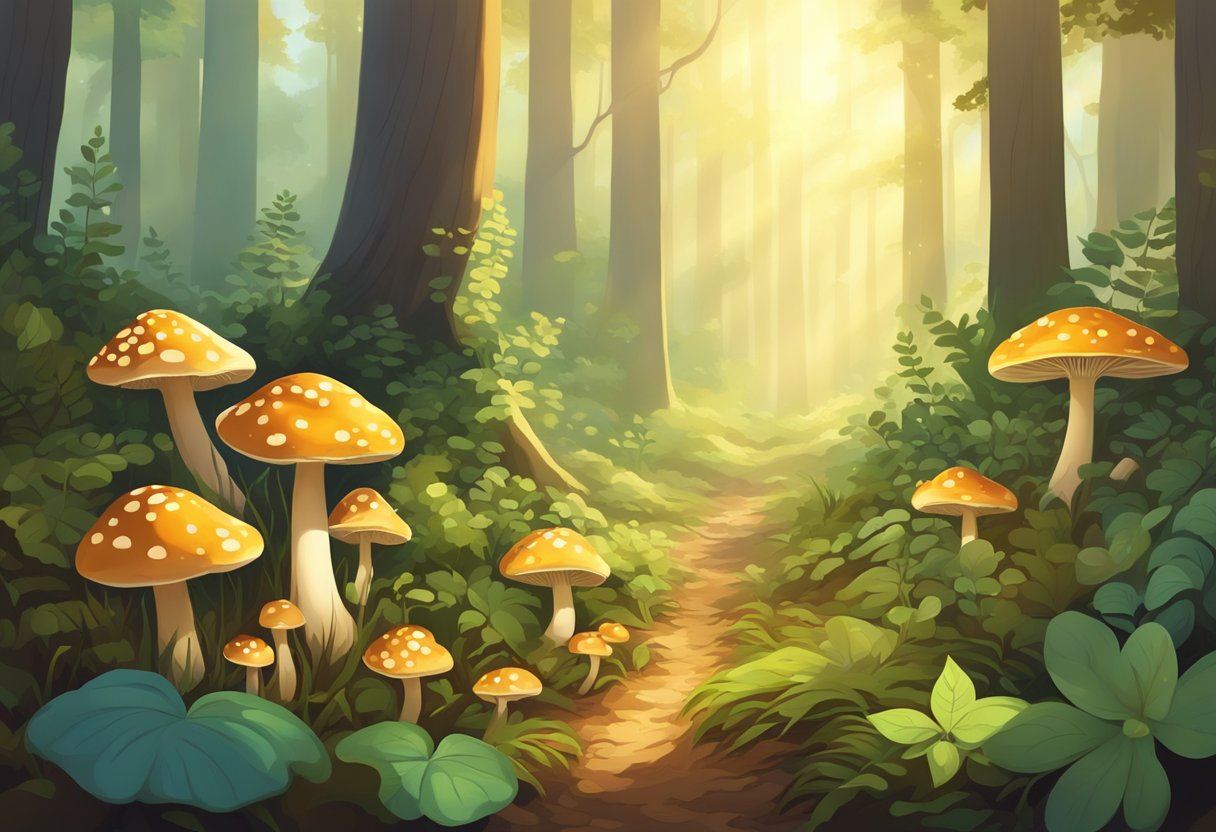 A lush forest floor with vibrant mushrooms sprouting from the rich soil, surrounded by beams of golden sunlight filtering through the canopy above