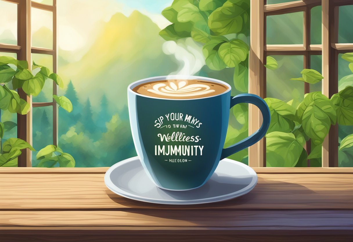 A steaming mug of mushroom coffee sits on a rustic wooden table, surrounded by vibrant greenery and natural light streaming in through a window. The label on the mug reads "Sip Your Way to Wellness: Immunity and Beyond Exploring the Health