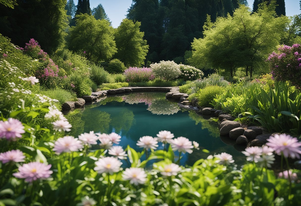 A serene, lush garden with blooming flowers, a bubbling stream, and a clear blue sky