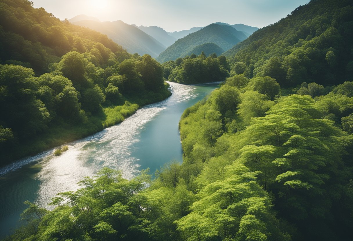 A serene landscape with a winding river, lush greenery, and a clear blue sky, evoking a sense of peace and tranquility