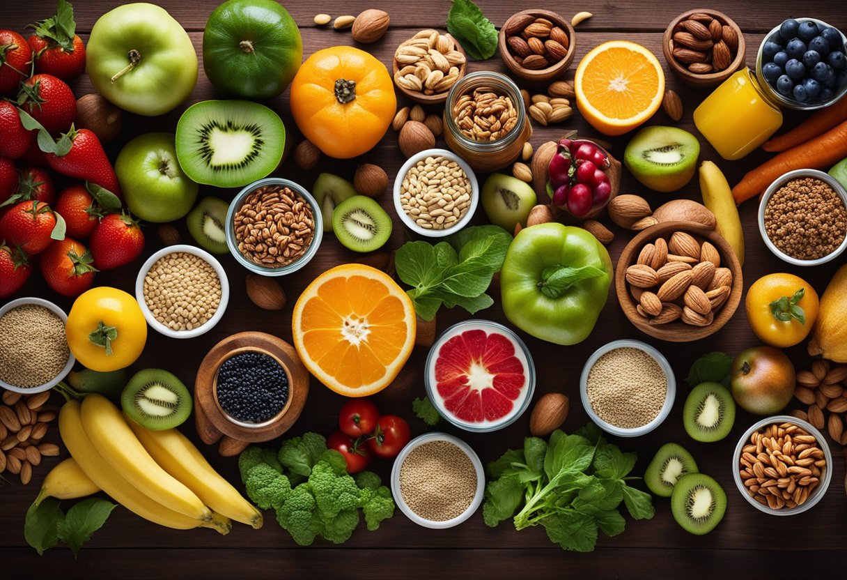 A colorful array of fresh fruits and vegetables arranged on a wooden table, surrounded by jars of nuts and seeds, symbolizing nutrition and healthy eating